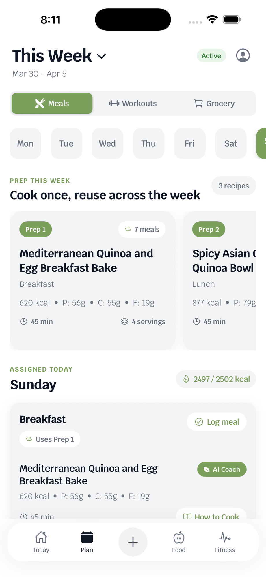 Weekly meal plan with prep recipes and daily meal assignments
