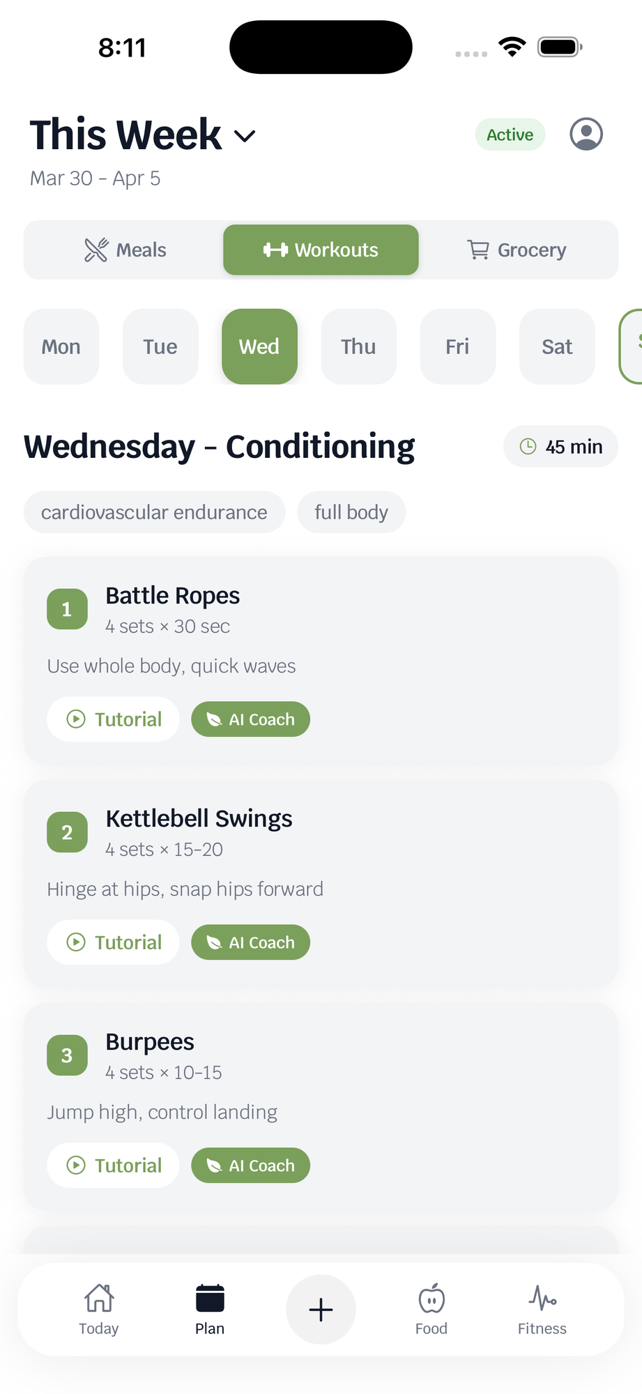 Workout plan showing Wednesday conditioning exercises