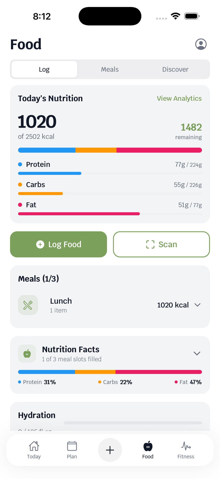 Today's nutrition dashboard showing calories and macros