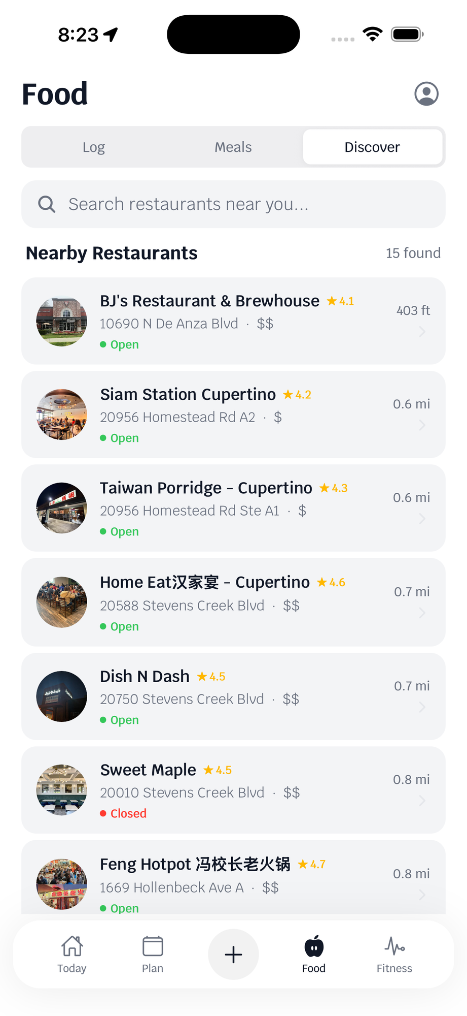 Nearby restaurants list showing ratings, distance, and open status